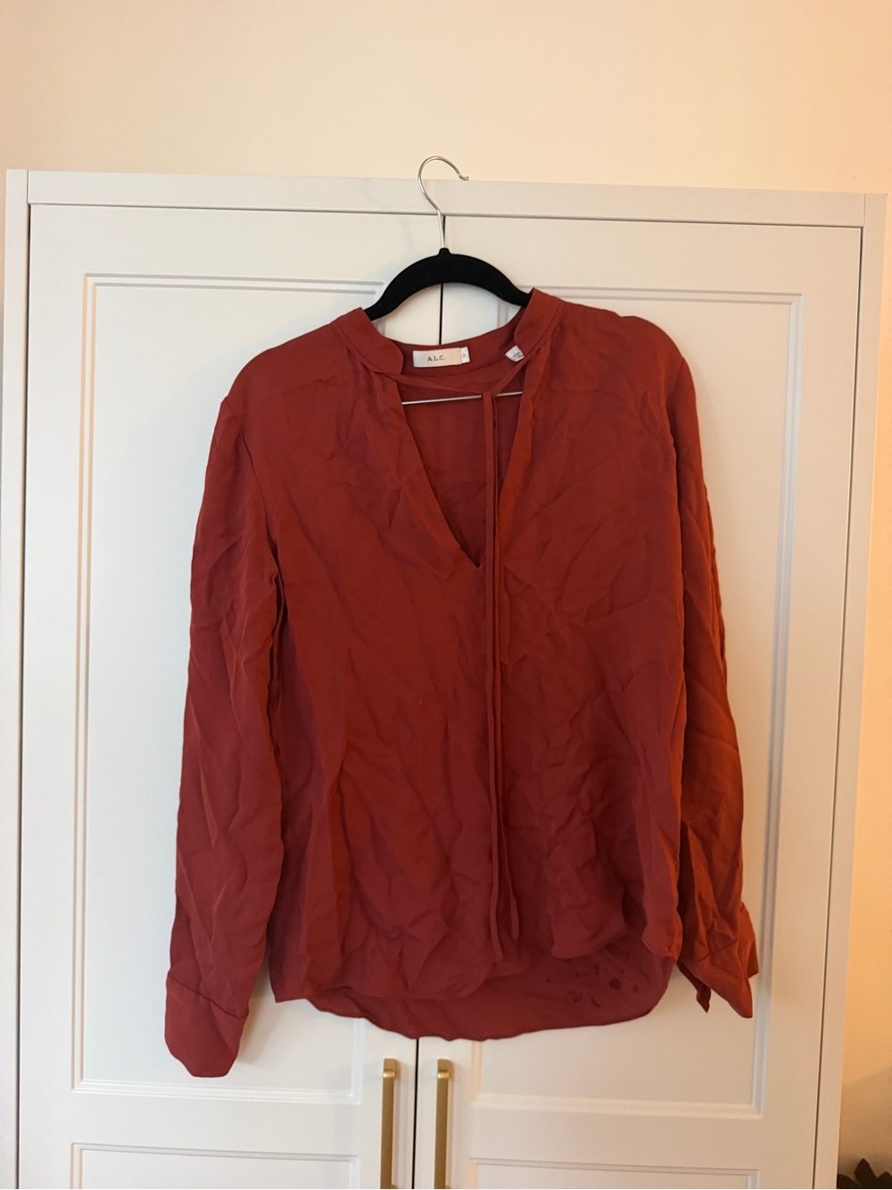 A.L.C. Rust-Red Split-Neck Long Sleeve Blouse